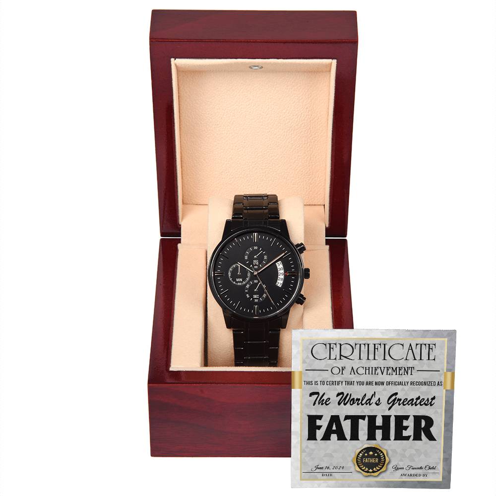 To my father, certificate of achievement to the world´s greatest father. Black chronographic wrist watch with message card.