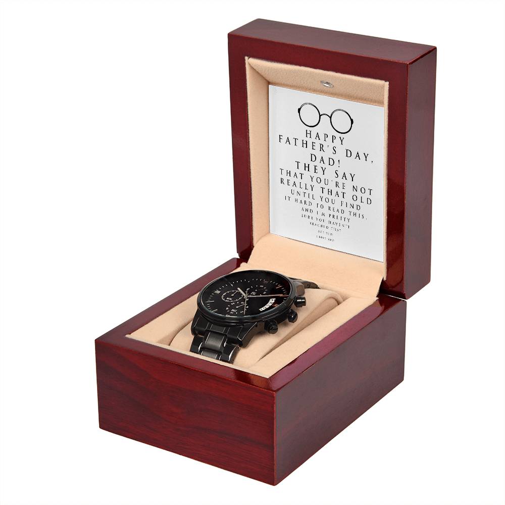 Perfect gift for Dad on Father´s day! Message card with black chronograph stainless steel watch to commemorate Dad.