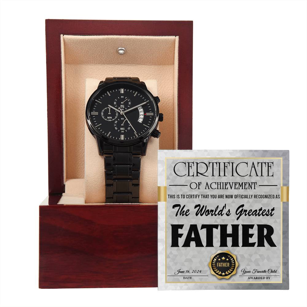 To my father, certificate of achievement to the world´s greatest father. Black chronographic wrist watch with message card.