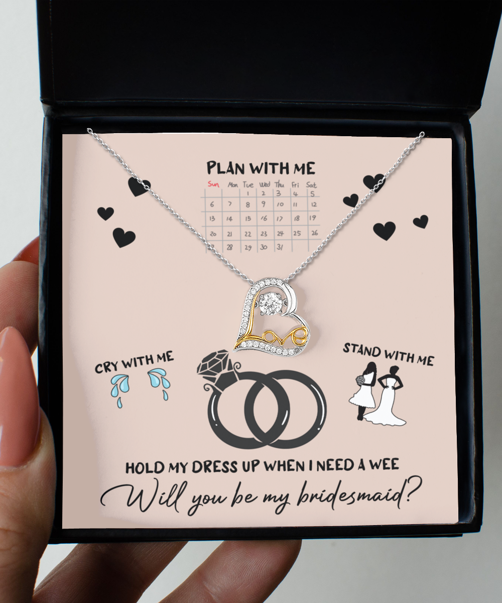 Maid of honor gift from bride. Love dancing sterling silver necklace for bridesmaid-to-be.