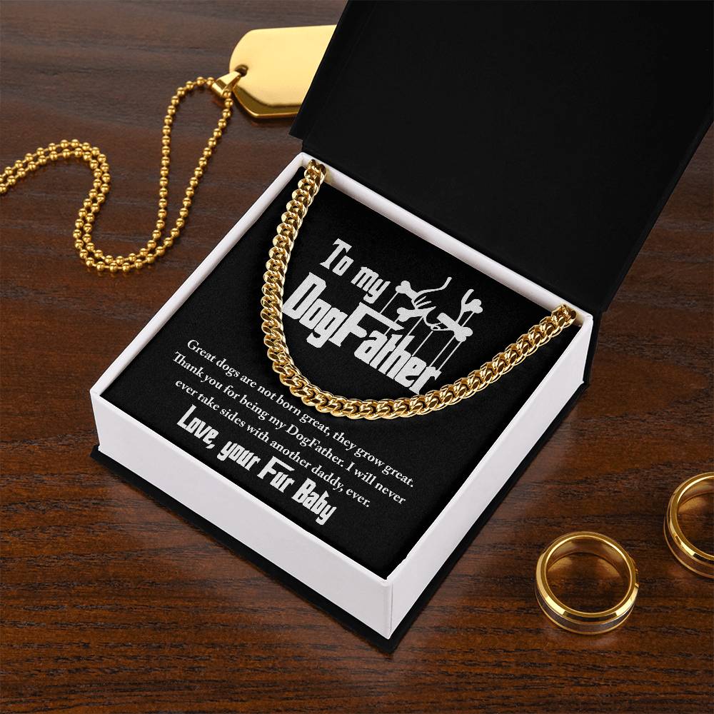 To dog father from fur baby, cuban link chain with message card for dog dad.