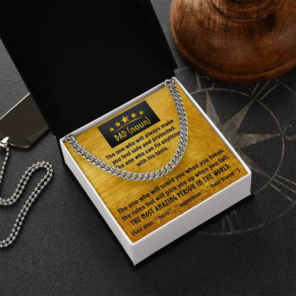 To my Dad, a special message card for father with cuban link chain . A necklace to celebrate father´s day and birthday.