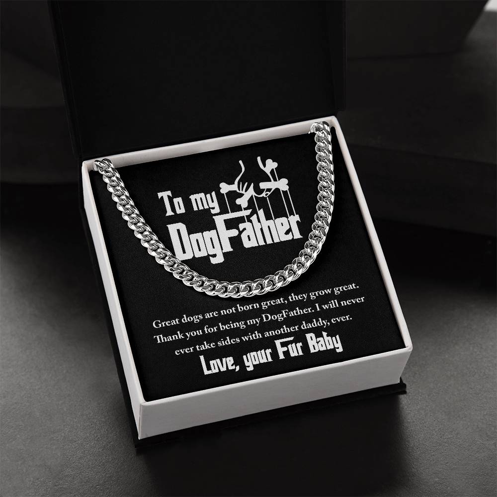 To dog father from fur baby, cuban link chain with message card for dog dad.