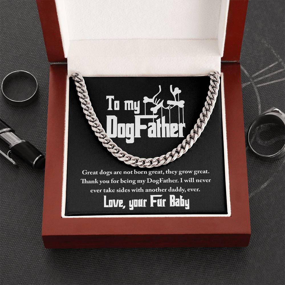 To dog father from fur baby, cuban link chain with message card for dog dad.