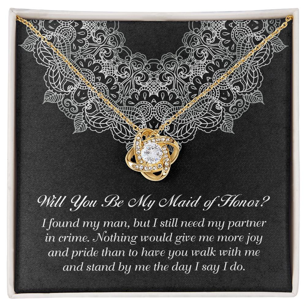 Maid of honor gift ideas for bride during wedding season. unique love knot necklace for bridesmaid from bride.