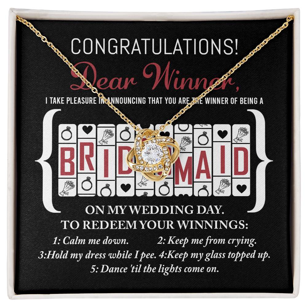 Gift for bridesmaid on wedding day, funny affectionate present from bride to maid of honor on wedding day.