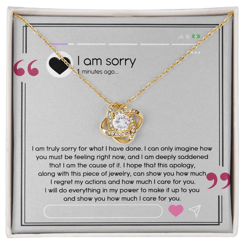 I have made mistakes, I am sorry. message card with apology and love knot pendant necklace, printed and shipped from USA