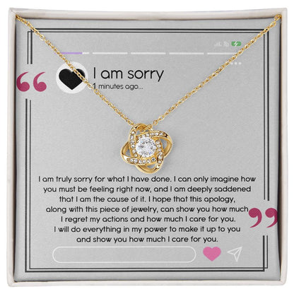 I have made mistakes, I am sorry. message card with apology and love knot pendant necklace, printed and shipped from USA