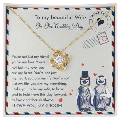 To my beautiful wife on our wedding day. Sentimental message card with necklace gift.