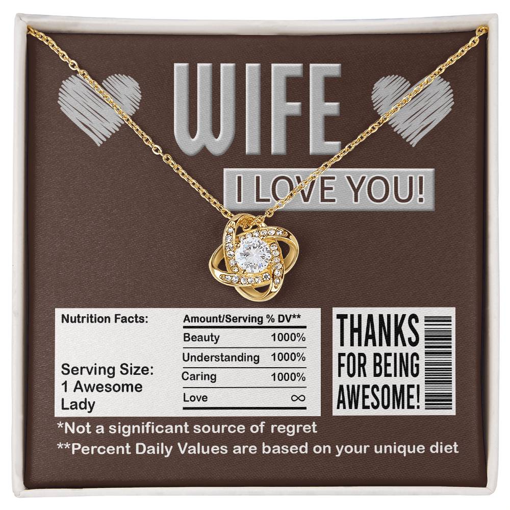 To my beautiful wife, thanks for being awesome! Groom to bride message card with love knot necklace.