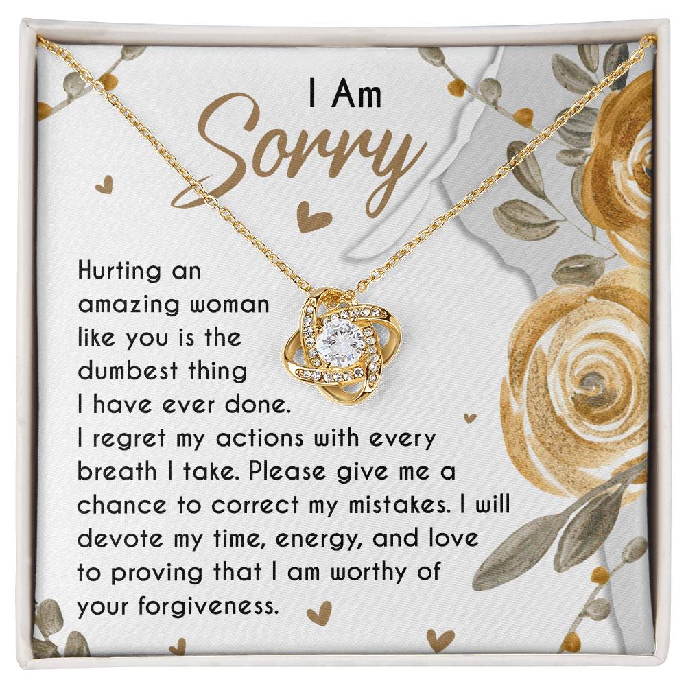 Sorry for hurting you, message card with apology message and a love knot pendant necklace.