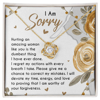 Sorry for hurting you, message card with apology message and a love knot pendant necklace.