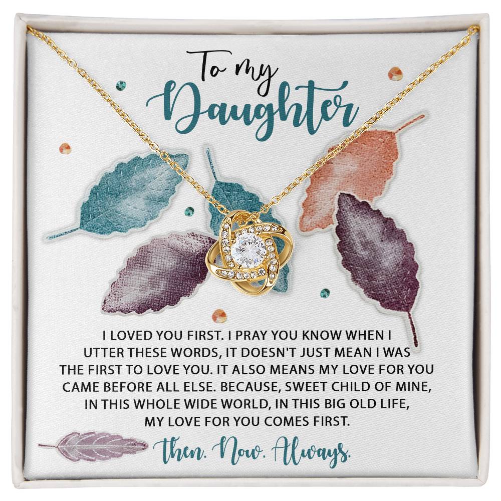 Beautiful custom made message card with love knot necklace from dad and mom to daughter on anniversary. Printed and shipped from USA