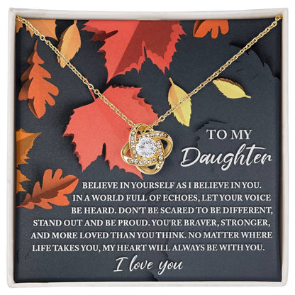 Autumn themed message card with love knot pendant necklace for daughter, Made in USA