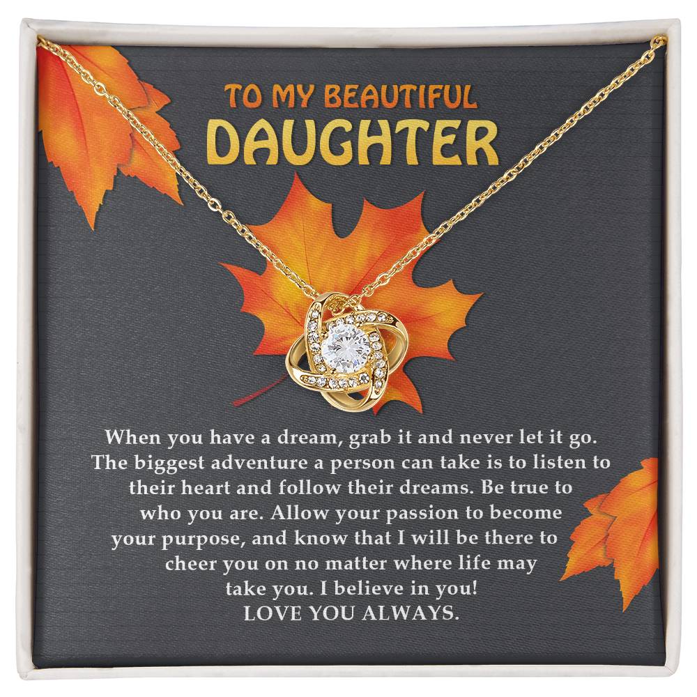 Beautiful love knot pendant necklace to gift daughter on birthday, graduation, wedding . A token of love from mom and dad. Printed and shipped from USA