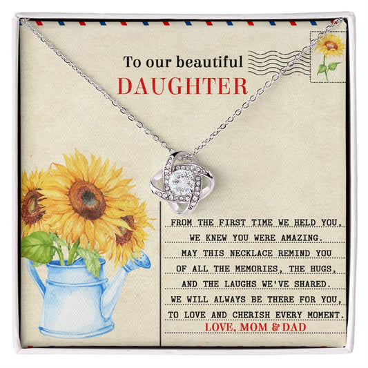 To our beautiful daughter, we celebrate you! Message card with love knot necklace for daughter on birthday, graduation. Printed and shipped from US.