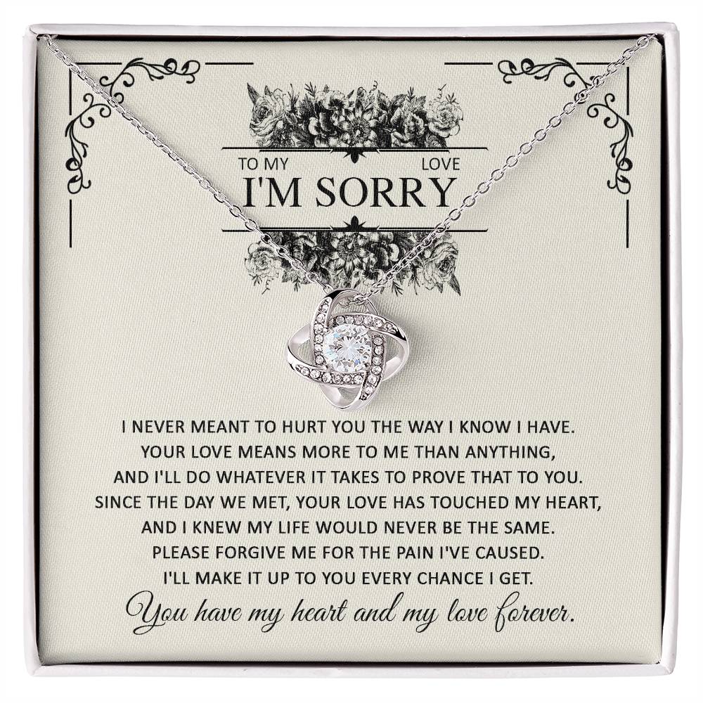 Sorry for hurting you, true and sincere  apologetic letter on message card with love knot pendant necklace.