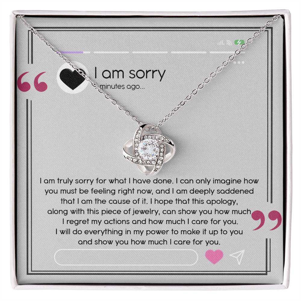 I have made mistakes, I am sorry. message card with apology and love knot pendant necklace, printed and shipped from USA