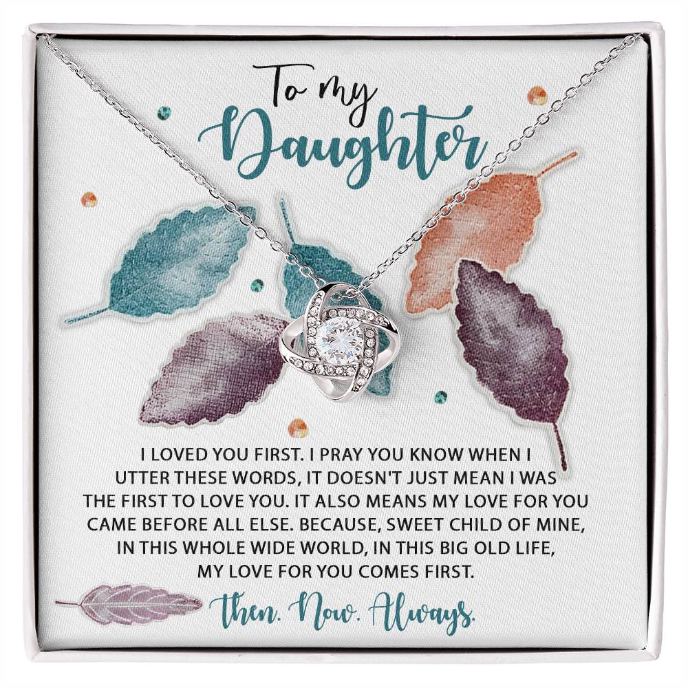 Beautiful custom made message card with love knot necklace from dad and mom to daughter on anniversary. Printed and shipped from USA