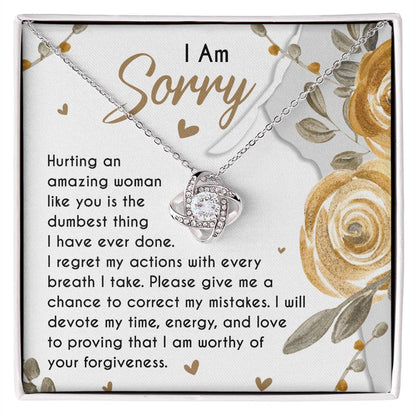 Sorry for hurting you, message card with apology message and a love knot pendant necklace.