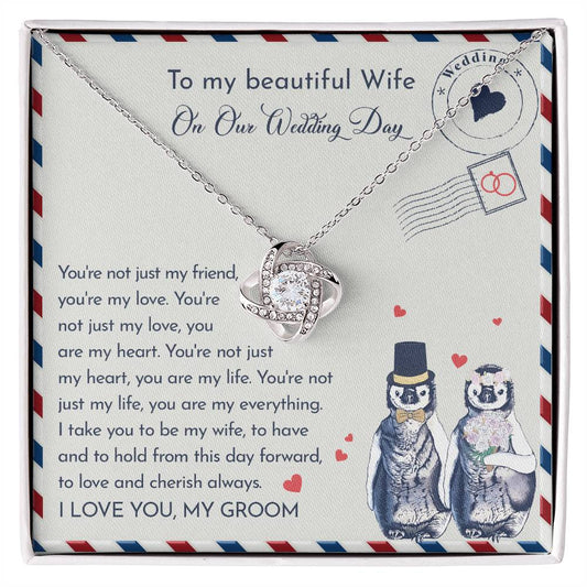 To my beautiful wife on our wedding day. Sentimental message card with necklace gift.