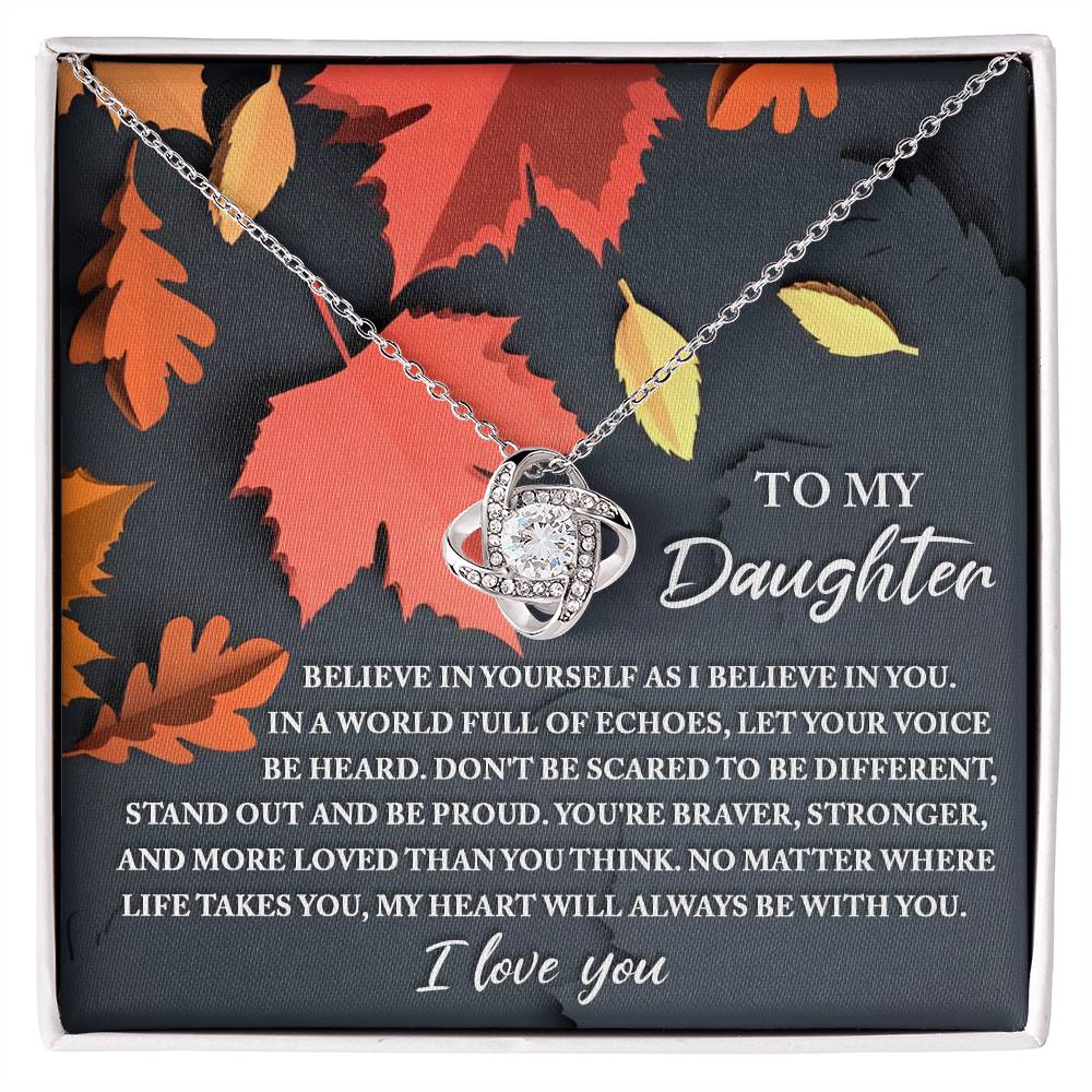 Autumn themed message card with love knot pendant necklace for daughter, Made in USA