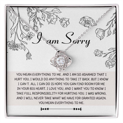 I will never take you for granted again, please forgive me. Message card with sincere apology, includes love knot pendant necklace.