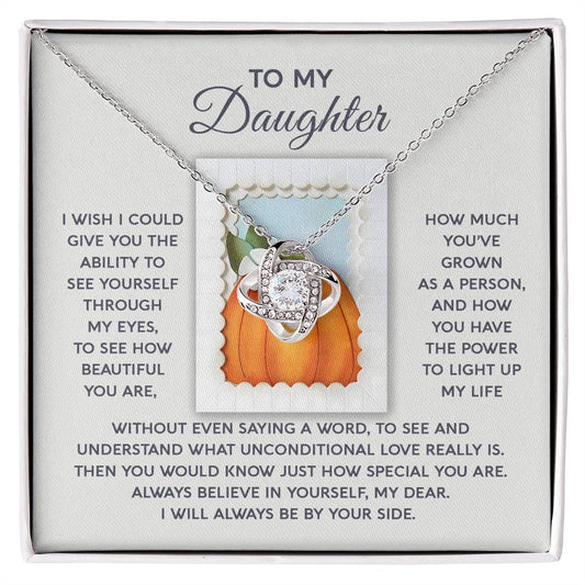 Custom message card for daughter, comes with love knot pendant necklace and mahogany luxury box. Seasons gift card prints and ships from USA.