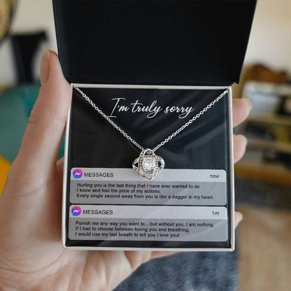 I apologise for hurting you so badly, message card with love knot pendant necklace from him, her