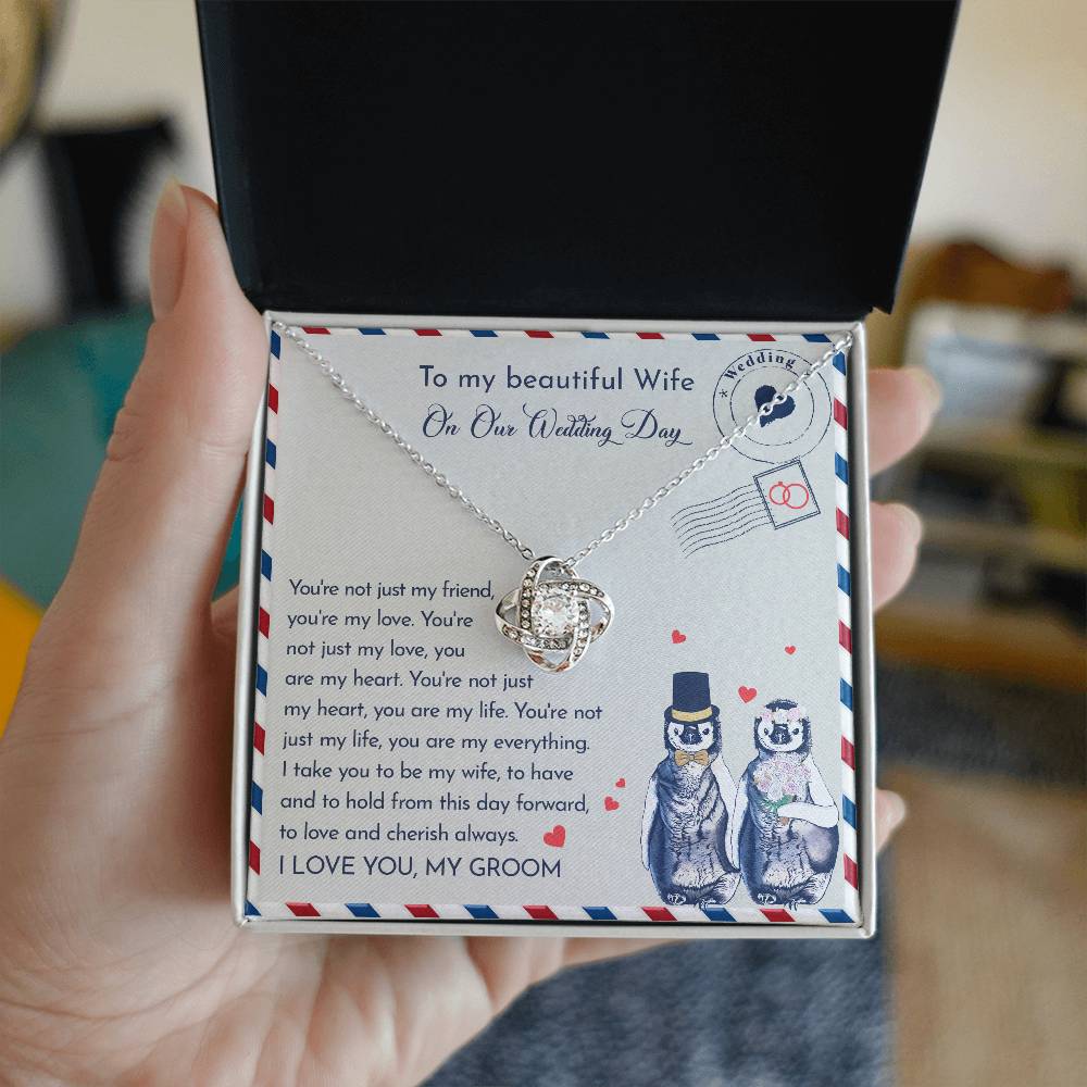 To my beautiful wife on our wedding day. Sentimental message card with necklace gift.