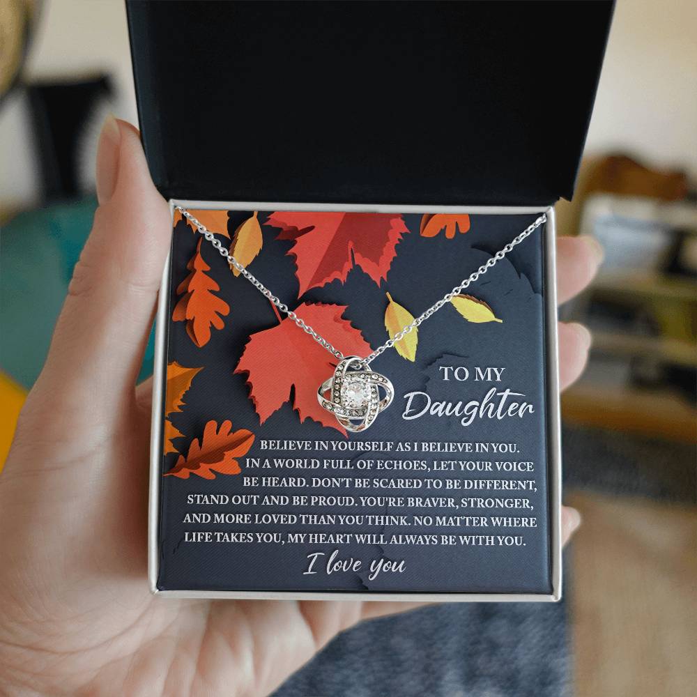 Autumn themed message card with love knot pendant necklace for daughter, Made in USA