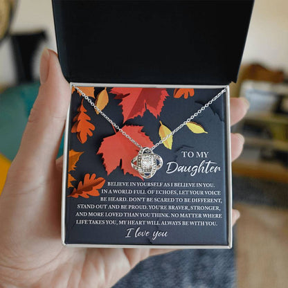 Autumn themed message card with love knot pendant necklace for daughter, Made in USA