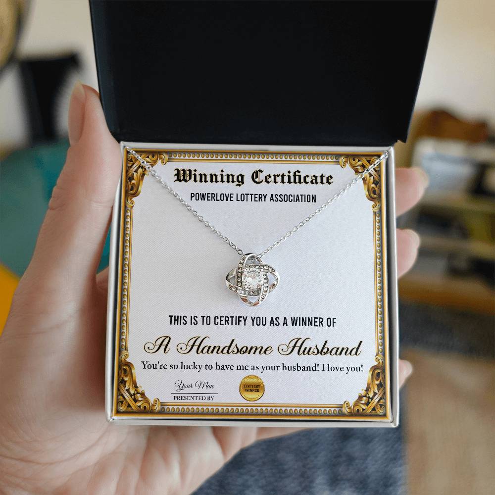 Funny message card greeting to wife from husband on wedding day, includes a love knot pendant necklace.