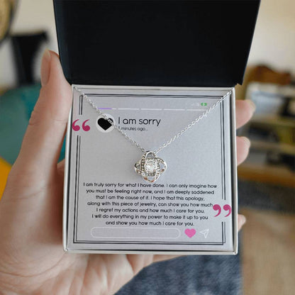 I have made mistakes, I am sorry. message card with apology and love knot pendant necklace, printed and shipped from USA