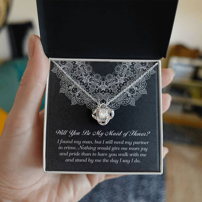 Maid of honor gift ideas for bride during wedding season. unique love knot necklace for bridesmaid from bride.