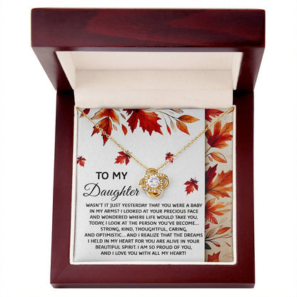 Memento token to daughter from parents, with lovely love knot necklace to remind her that she is loved. Great gift for birthday, graduation and other anniversaries.