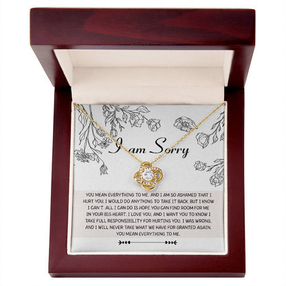 I will never take you for granted again, please forgive me. Message card with sincere apology, includes love knot pendant necklace.