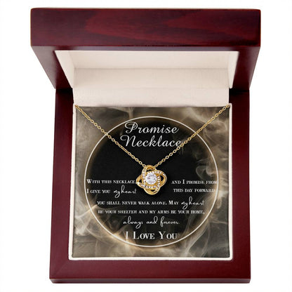 Gift from groom to bride, love knot necklace in luxury mahogany wooden box.