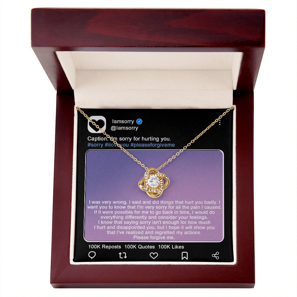 An unusual way to apologize to your loved one, with message card and love knot pendant necklace.