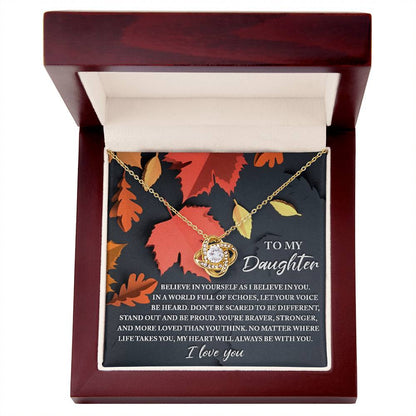 Autumn themed message card with love knot pendant necklace for daughter, Made in USA