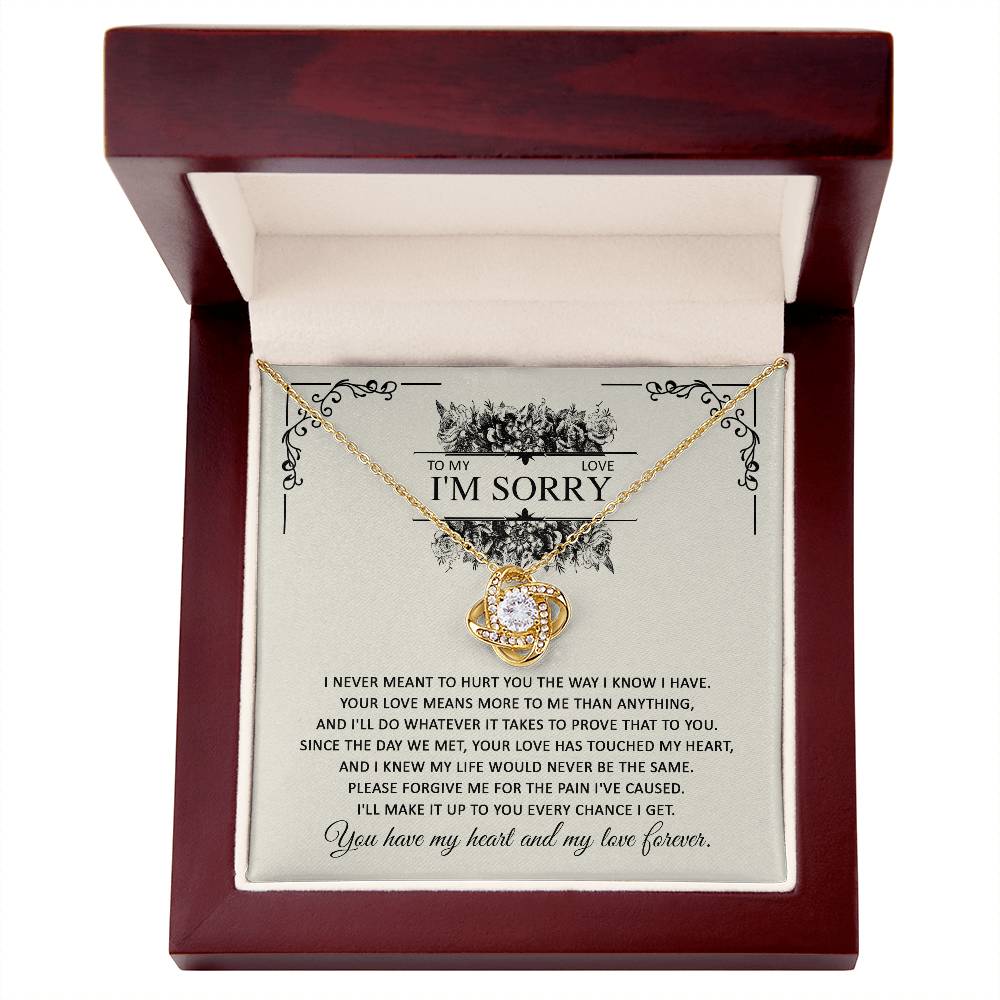 Sorry for hurting you, true and sincere  apologetic letter on message card with love knot pendant necklace.