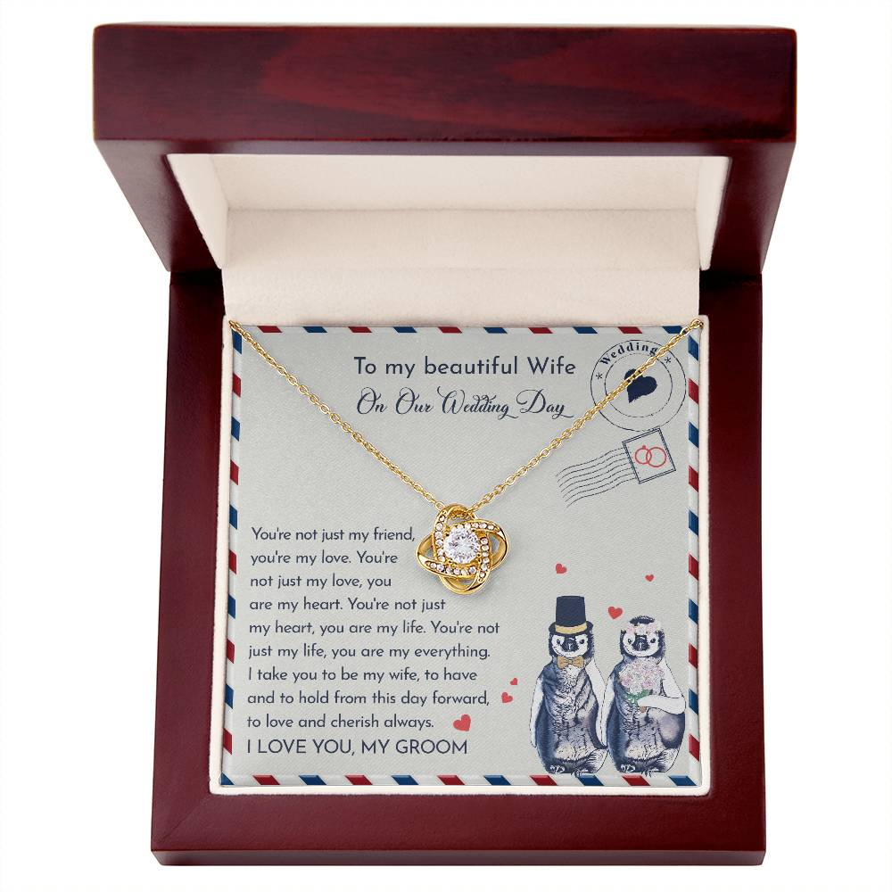 To my beautiful wife on our wedding day. Sentimental message card with necklace gift.