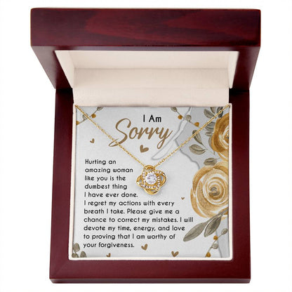 Sorry for hurting you, message card with apology message and a love knot pendant necklace.