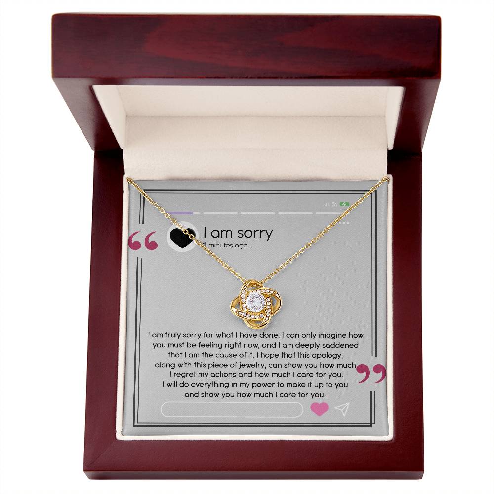 I have made mistakes, I am sorry. message card with apology and love knot pendant necklace, printed and shipped from USA