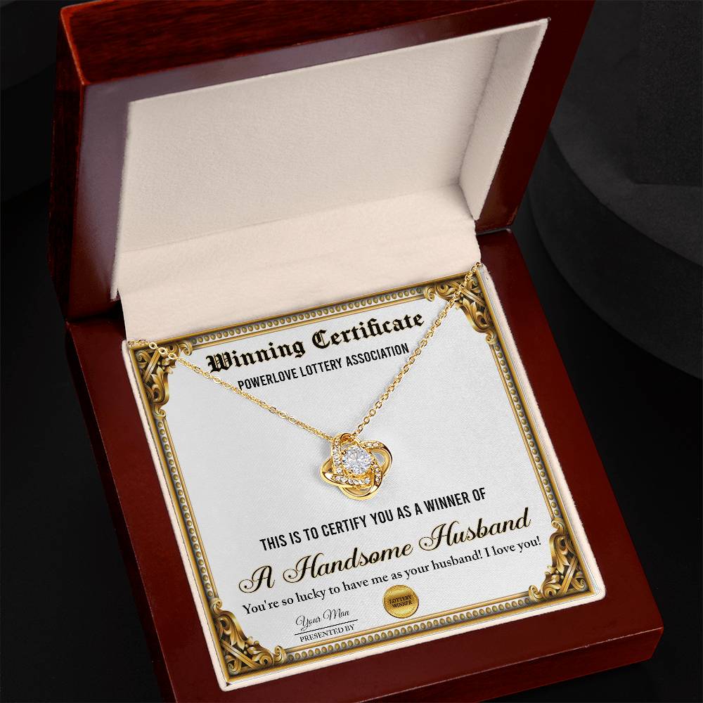 Funny message card greeting to wife from husband on wedding day, includes a love knot pendant necklace.