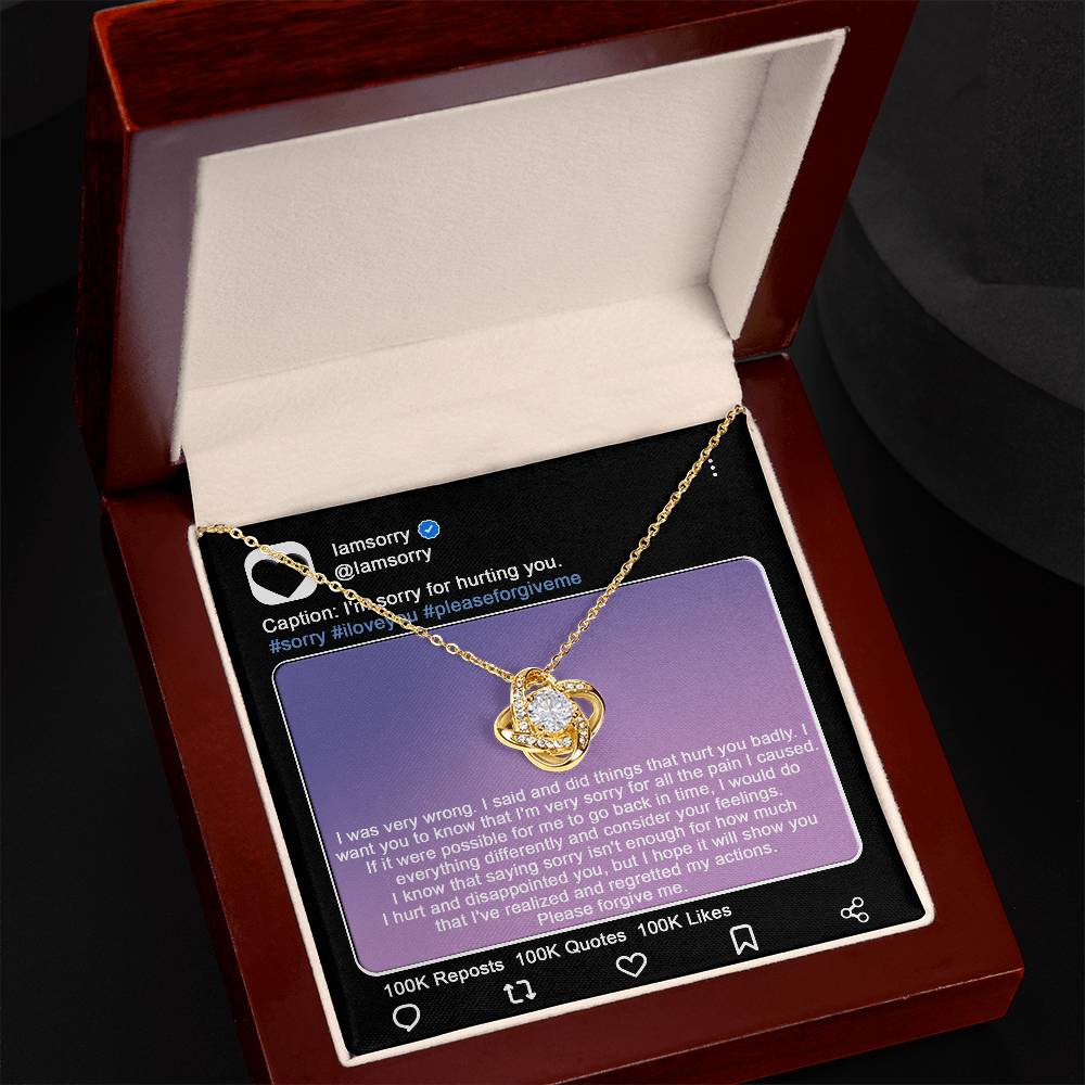 An unusual way to apologize to your loved one, with message card and love knot pendant necklace.