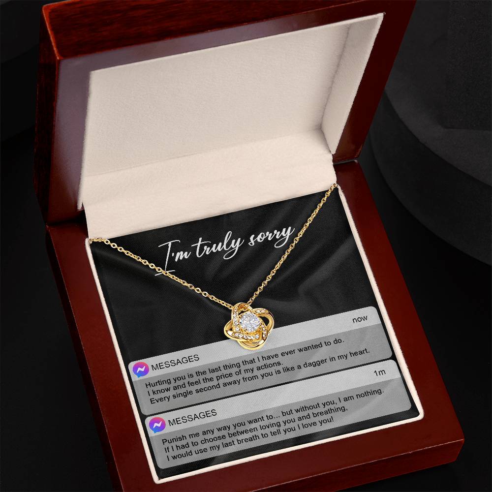 I apologise for hurting you so badly, message card with love knot pendant necklace from him, her