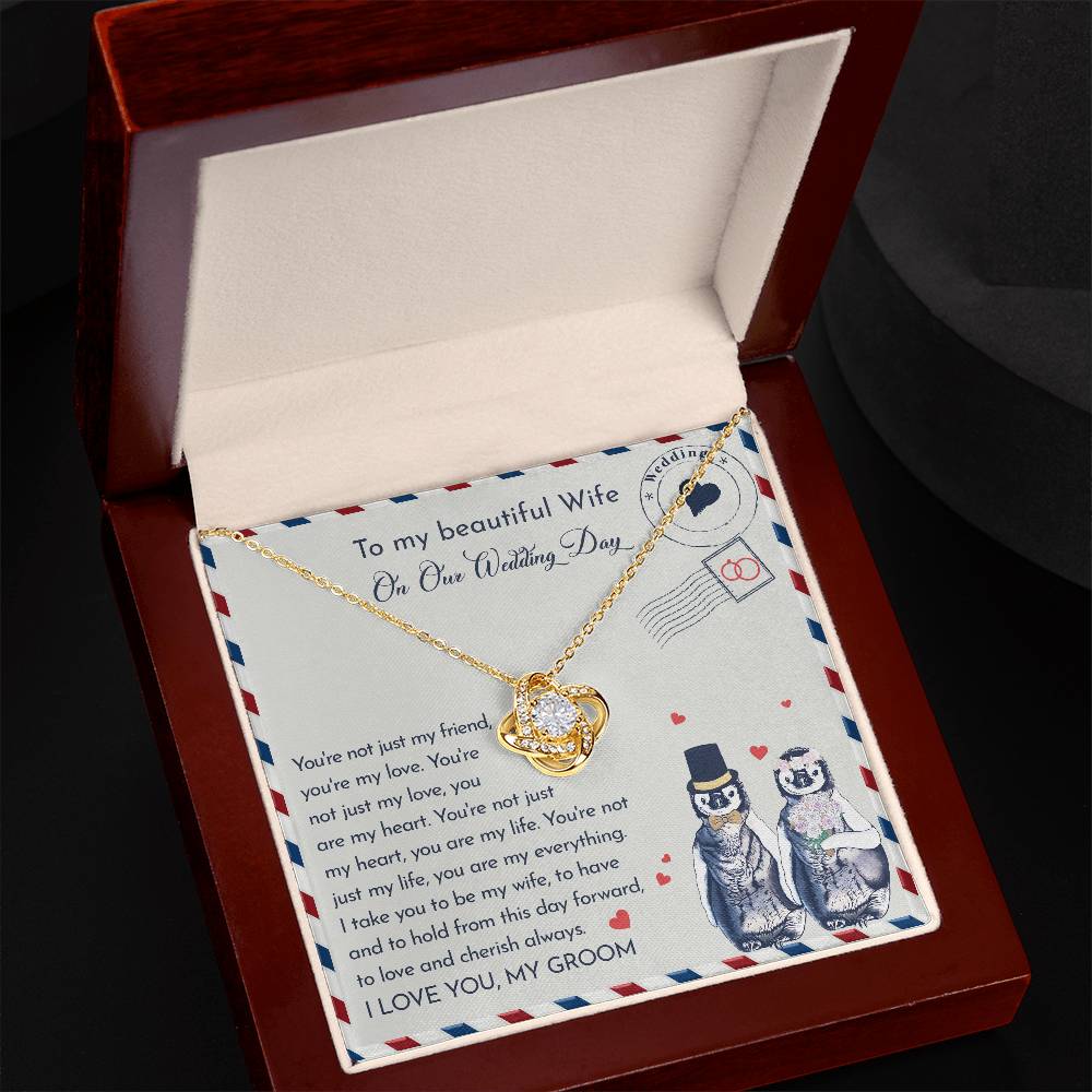 To my beautiful wife on our wedding day. Sentimental message card with necklace gift.