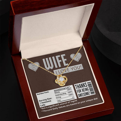 To my beautiful wife, thanks for being awesome! Groom to bride message card with love knot necklace.