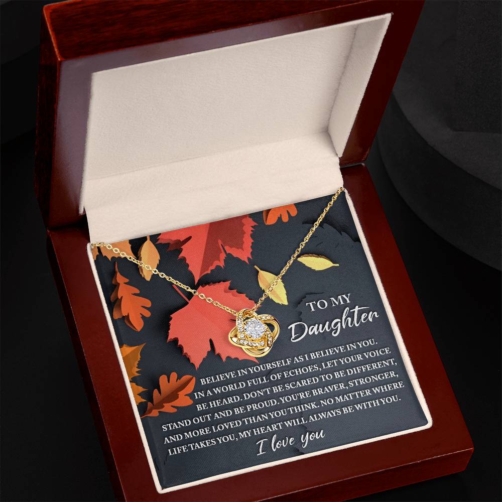 Autumn themed message card with love knot pendant necklace for daughter, Made in USA